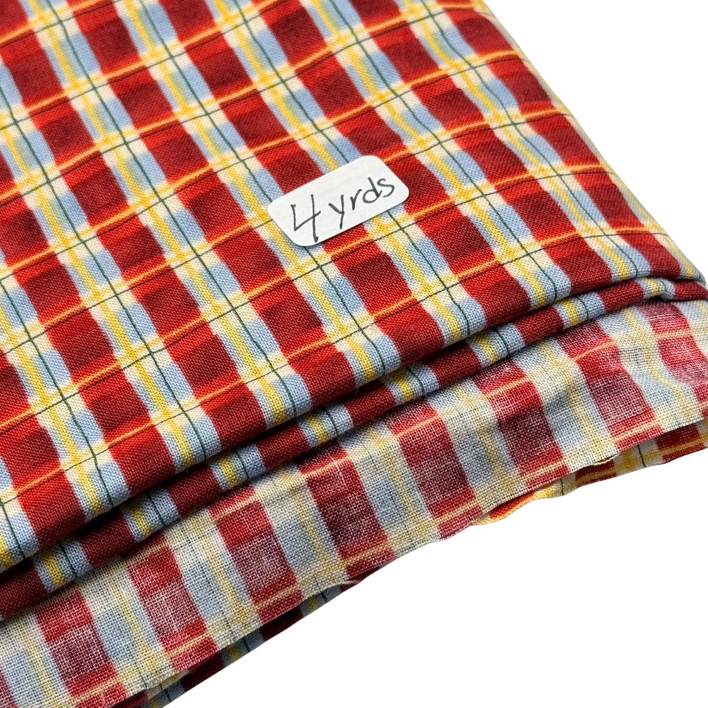 Vintage Plaid Fabric Woven Check Sewing Material Red Blue Yellow 4 Yards Cotton